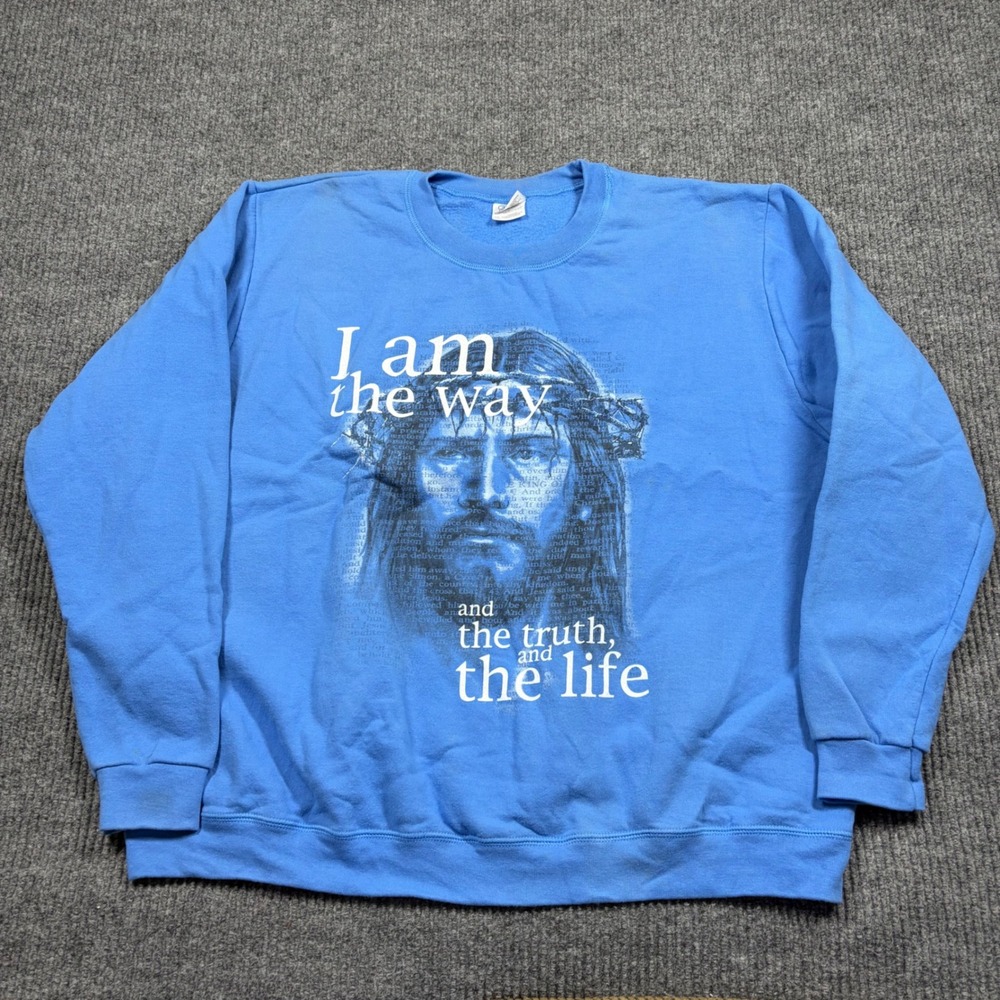 Gildan Heavy Blend Sweatshirt Mens 2XL Jesus I Am The Way Truth Life Blue
